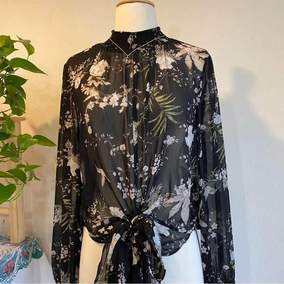 Sheer black floral high neck tie waist blouse - Picture 4 of 15